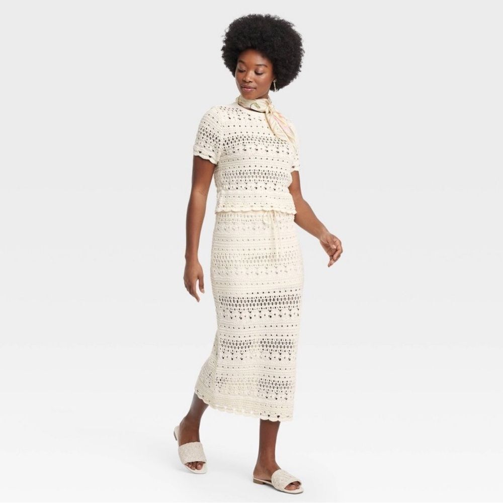 UT XL Cream Openwork Midi Sweater Crochet Knit Scalloped Drawstring Skirt - Picture 3 of 16